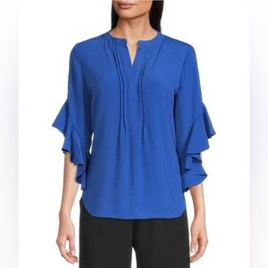 Vince Camuto Split Neck Ruffle Sleeve Henley Blouse Shirt Sapphire Blue XXS NWT